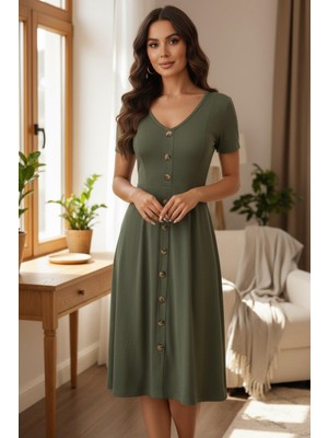 Mossta Retro Kesim V Yaka Düğme Detaylı Midi Boy Viskon Elbise - Yeşil