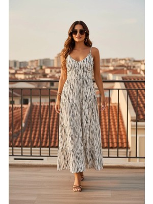 Mossta Sırt Dekolteli Bağlama Detaylı Uzun Süprem Elbise - Beyaz