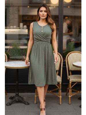 Mossta Düğme Detaylı Çapraz Bel Tasarım Kolsuz Viskon Elbise - Yeşil