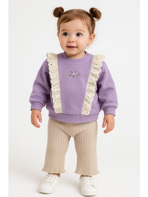 Chicsy Baby Kız Bebek Dantelli Çiçek Nakışlı 2’li Sweatshirt ve Ribana Pantolon Takım
