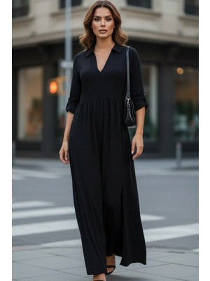 Mossta Truvakar Kol Gömlek Yaka Maxi Boy Aerobin Elbise - Siyah