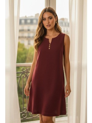 Mossta Sıfır Kol V Yaka Mini Elbise - Bordo