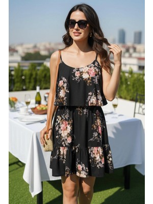 Mossta Askılı V Yaka Volanlı Süprem Elbise - Siyah