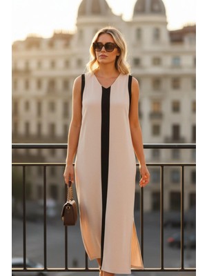 Mossta V Yaka Şerit Detaylı Kolsuz Yırtmaçlı Aerobin  Elbise - Bej