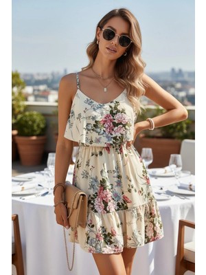 Mossta Askılı V Yaka Volanlı Süprem Elbise - Sarı