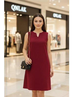 Mossta Günlük Şıklık Kolsuz Basic Ithal Krep Elbise - Bordo