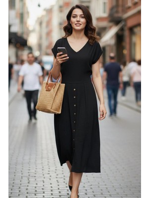 Mossta V Yaka Önden Düğmeli Midi Boy Dokuma Viskon Elbise - Siyah
