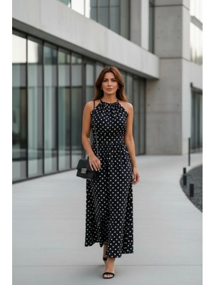 Mossta Halter Yaka Puantiyeli Maxi Boy Örme Krep  Elbise - Siyah