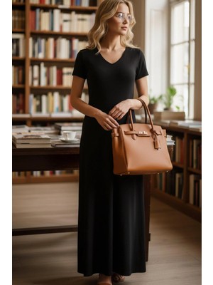 Mossta V Yaka Kısa Kollu Kloş Viskon Elbise - Siyah