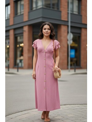 Mossta V Yaka Önden Düğmeli Bürümcük Elbise - Pembe