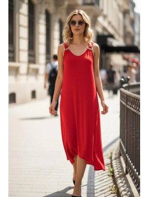 Mossta V Yaka Asimetrik Kesim Salaş Viskon Elbise - Kırmızı