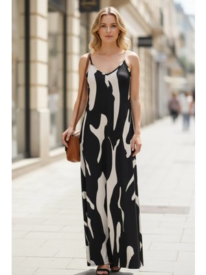 Mossta Tatil Şıklığı V Yaka Desenli Uzun Süprem Elbise - Siyah