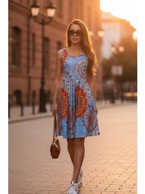 Mossta Geometrik ve Otantik Desenli Günlük Süprem Elbise - Mavi