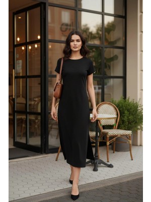 Mossta Yırtmaç Detaylı Kısa Kollu Midi Viskon Elbise - Siyah