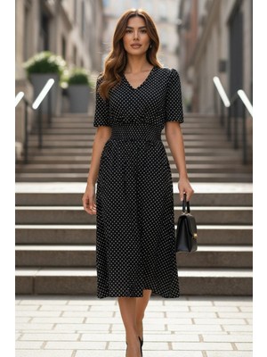 Mossta V Yaka Puantiyeli Kloş Midi Süprem  Elbise - Siyah