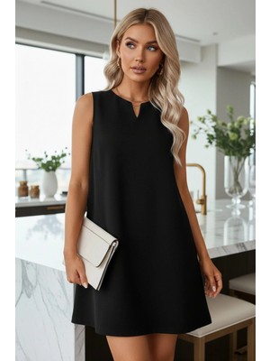 Mossta V Yaka  Kolsuz Mini Krep Elbise - Siyah