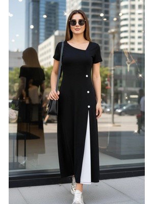 Mossta Asimetrik Yaka Düğme Detaylı Midi  Viskon Elbise - Siyah