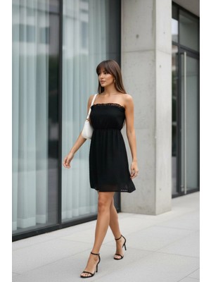 Mossta Beli Lastikli Straplez Şifon  Elbise - Siyah