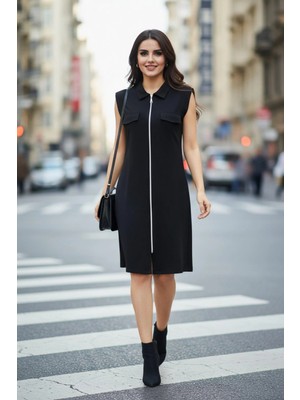 Mossta Kısa Kollu Fermuarlı Mini Modal Elbise - Siyah