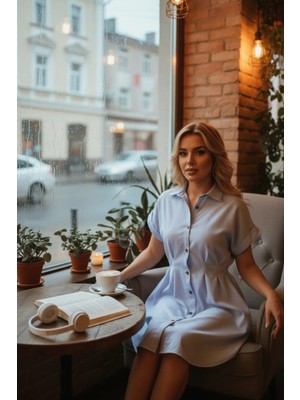 Mossta Trikoton Düğme Detaylı Mini Gömlek Elbise - Mavi