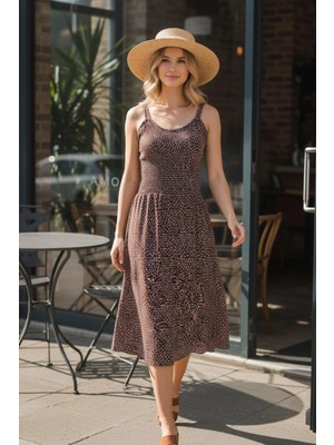 Mossta Ip Askılı Bel Lastikli Süprem Elbise - Kahve