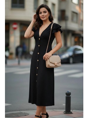 Mossta V Yaka Önden Düğmeli Bürümcük Elbise - Siyah