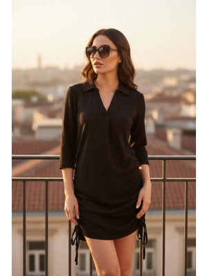 Mossta V Yaka Ipli Büzgü Detaylı Mini Bürümcük Elbise - Siyah