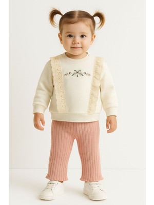 Chicsy Baby Kız Bebek Dantelli Çiçek Nakışlı 2’li Sweatshirt ve Ribana Pantolon Takım