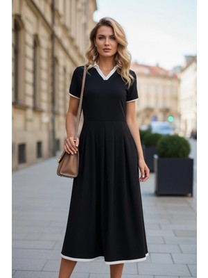 Mossta V Yakalı Şerit Detaylı Rahat Kesim Krep Elbise - Siyah