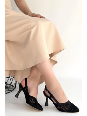 Mareandpanda Ceta Siyah Cilt Tül Detaylı Topuklu Ayakkabı