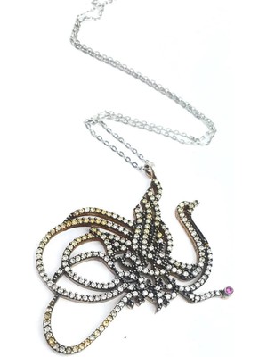 Yakut Taş Detaylı Zirkon  ve Sitrin Taşlı Tuğra Figürlü Tavus Kuşu Tasarım Kolye