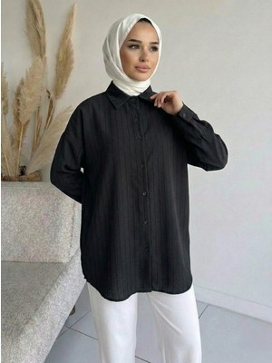 Foremia Kendinden Çizgili Tunik-Siyah -