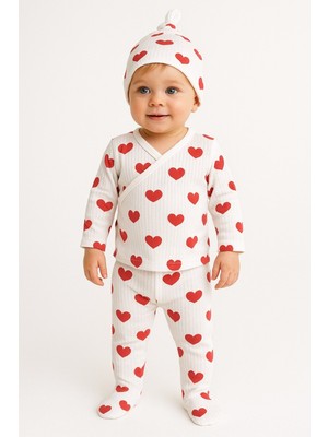 Unisex Bebek Konforlu Kalp Baskılı Üçlü Ribana Set