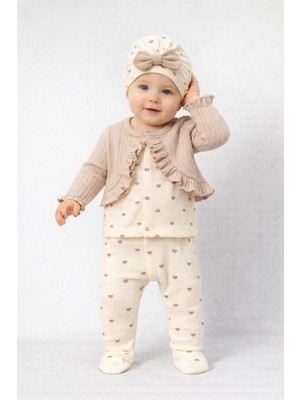 Chicsy Baby Kız Bebek Fırfırlı Hırka Desenli Tulum Fiyonk Bere 3’lü Takım