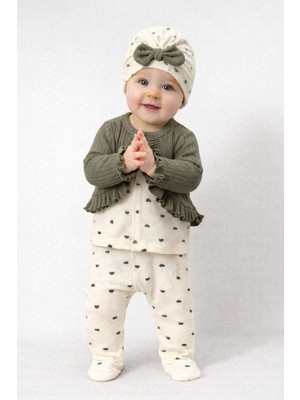 Chicsy Baby Kız Bebek Fırfırlı Hırka Desenli Tulum Fiyonk Bere 3’lü Takım