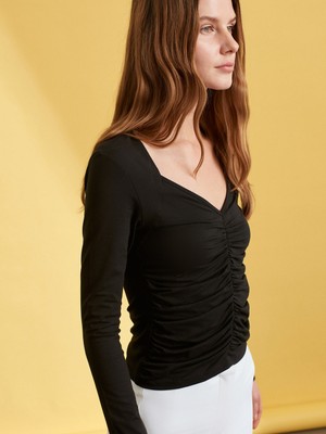 Dilvin 32666 Büzgülü Uzun Kollu Top-Siyah