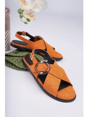 Sy Leather Dream Model Hakiki Deri Rengi Çapraz Bant Büyük Süs Tokalı Kadın Günlük Sandalet