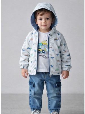 Chicsy Baby Erkek Bebek Çift Taraflı Kapüşonlu Yağmurluklu Tişörtlü Denim Pantolonlu 3 Parça Premium Takım