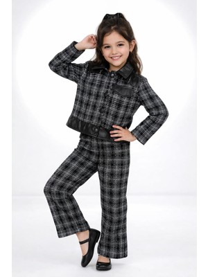 Bubiee Baby Kız Çocuk Siyah Beyaz Ekose Deri Detaylı Ceket ve Geniş Paça Pantolon 2 Li Takım