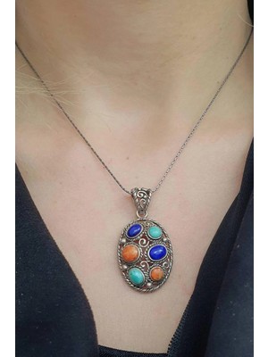 Lapis Turkuaz ve Mercan Taşlı 925AYAR Gümüş Tasarım El Işi Doğal Taş Kolye