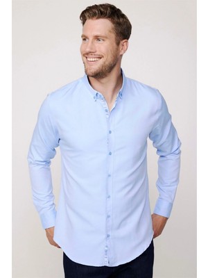 Tudors Erkek Slim Fit Dar Kesim Uzun Kollu Pamuklu Oxford Doku Kolay Ütülenebilir Mavi Düğmeli Yaka Gömlek