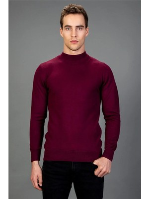 Tudors Erkek Slim Fit Dar Kesim Yarım Balıkçı Yaka Düz Bordo Triko Kazak