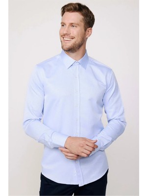 Tudors Modern Slim Fit Uzun Kollu Pamuklu Kolay Ütü Armürlü Erkek Mavi Gömlek