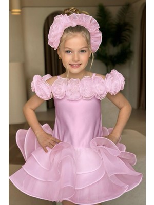 Riccotarz Kız Çocuk Madonna Yaka Beli Kabarık Fırfırlı Pembe Abiye