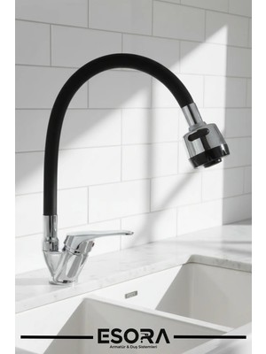 Esora Oynar Borulu Çift Su Girişli 2 Fonksiyonlu Mutfak Eviye Bataryası Musluğu
