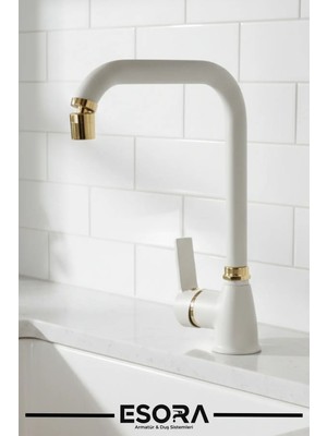 Esora Beyaz Altın Lüks Seri Köşe Borulu Mutfak Eviye Bataryası Çift Su Girişli Oynar Başlıklı