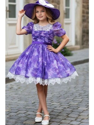 Riccotarz Kız Çocuk Balon Kollu Çiçek ve Dantel Detaylı Şapka Hediyeli Mor Abiye