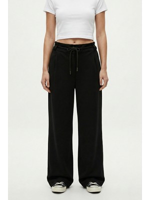 Ritnice Kadın Henri Kordon Kemerli Pileli Cepli Siyah Pantalon