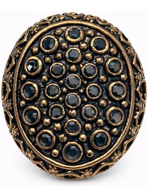 Siyah Taşlı Oymalı Bakır Yüzük