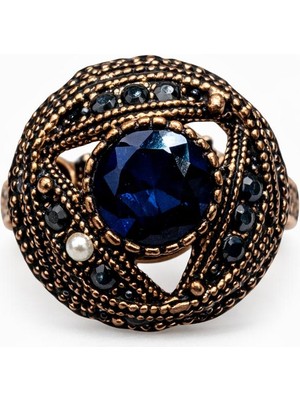 Vintage Mavi Zirkon Detaylı Bakır Kadın Yüzük